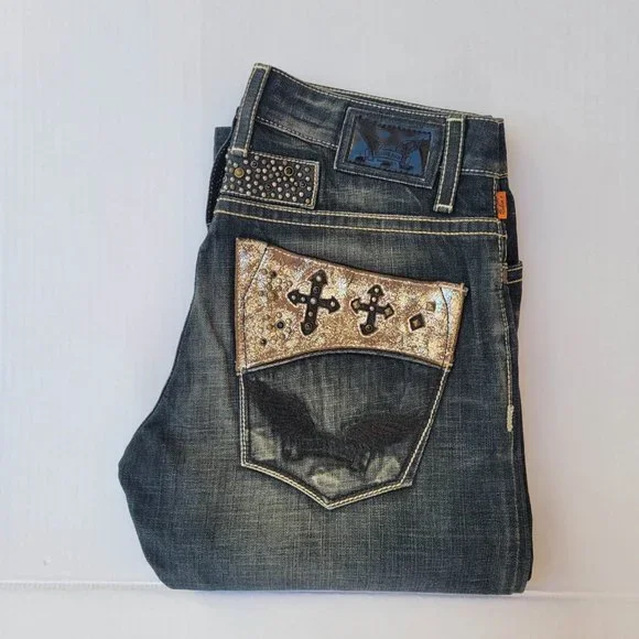 robin's jean スタッズ メッシュキャップ ロビンズジーンズ Y2K Vintage Robins Jeans Studded Rhinestone Flaps Size 40 x 34